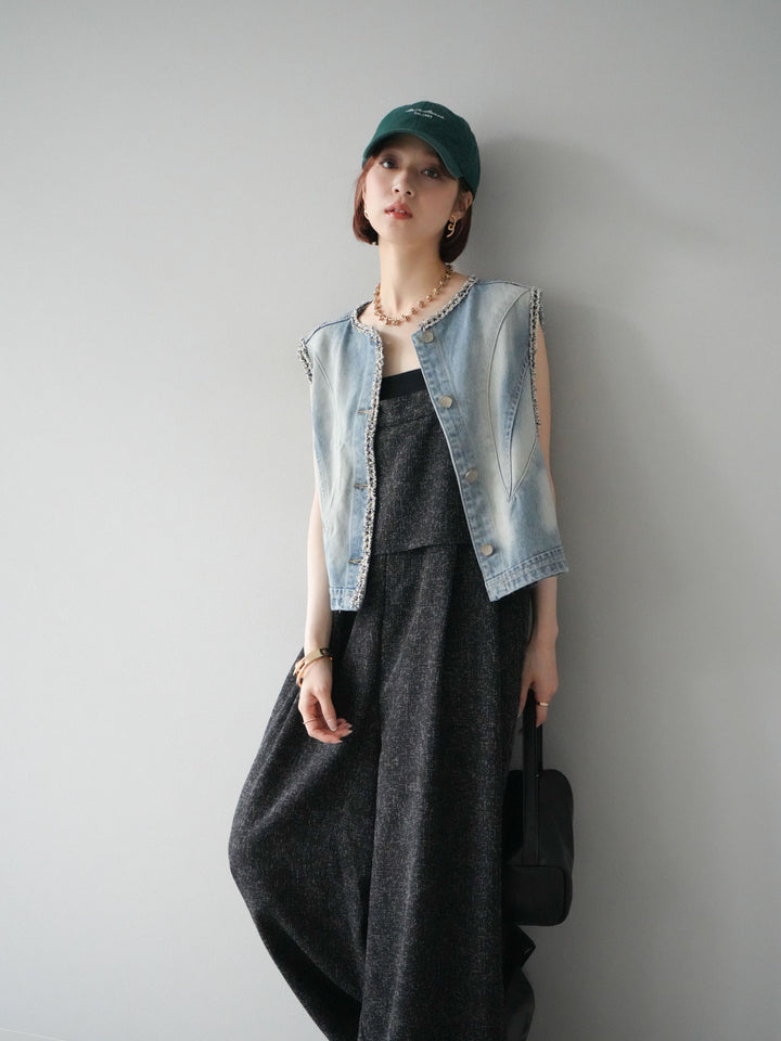 [予約]サマーツイードケープサロペット/ブラック