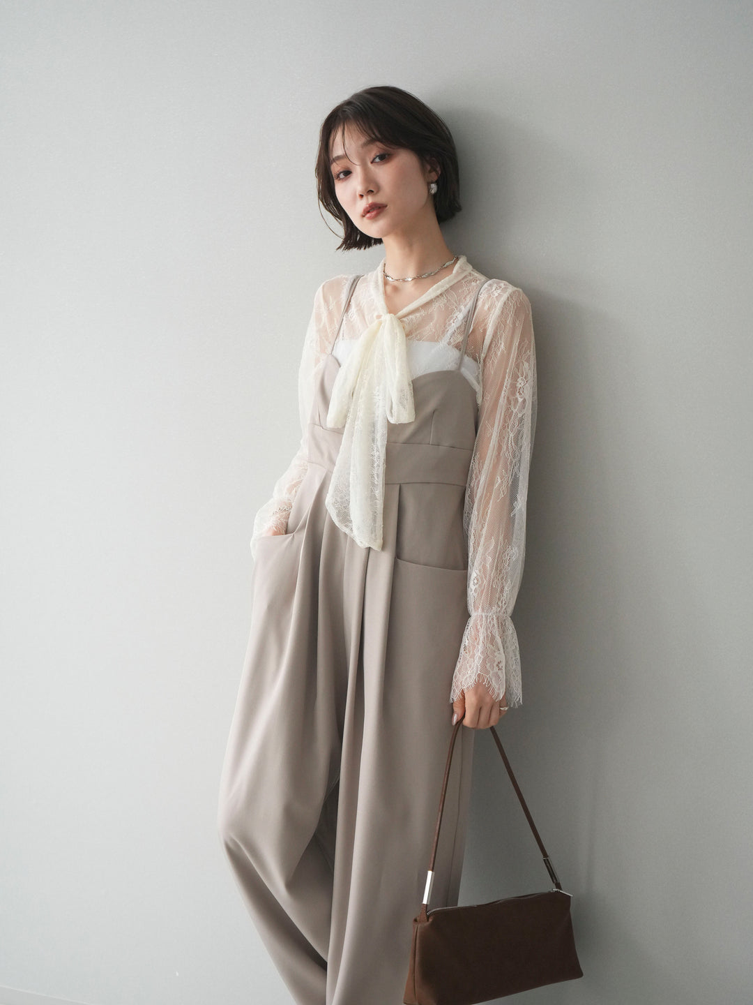 [SET]バックデザインサロペット+リバーレースボウタイトップス(2set)