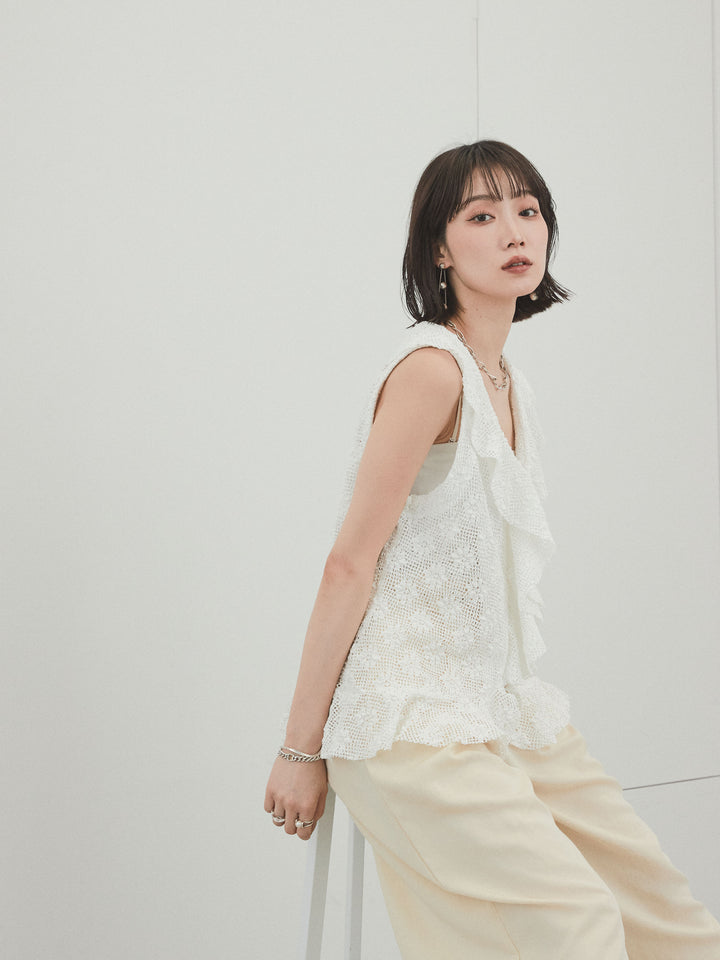 [SET]テープヤーンラッフルノースリトップス+リネンタッチタックワイドパンツ (2set)