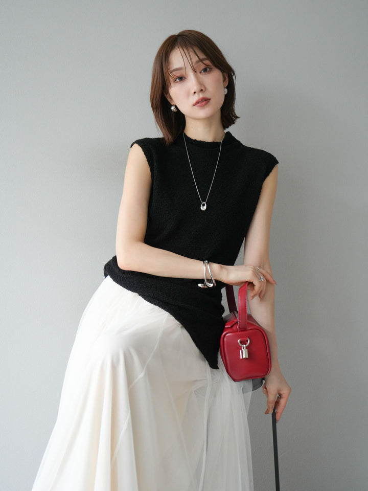 [SET]ブークレアシメニットノースリーブトップス+チュールボリュームスカート(2set)