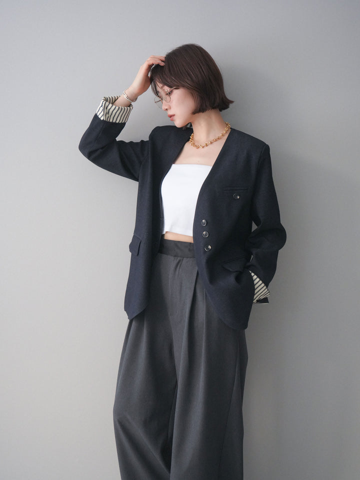 [SET]ノーカラージャケット+サテンベルトタックワイドパンツ(2set)