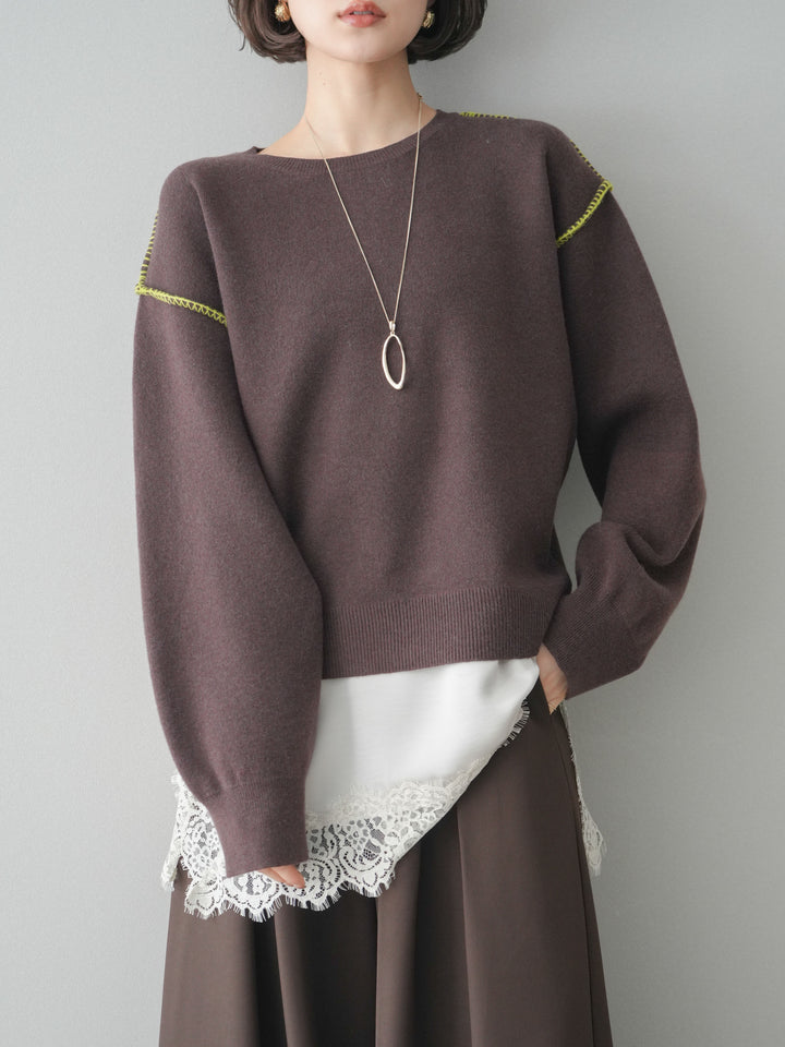 [予約]バックロゴ刺繍配色ステッチニットプルオーバー/brown