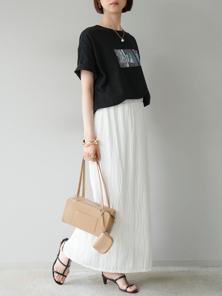 [SET]ネオンロゴコラージュフォトプリントオーバーTシャツ+ウェーブパイピングタイトスカート(2set)