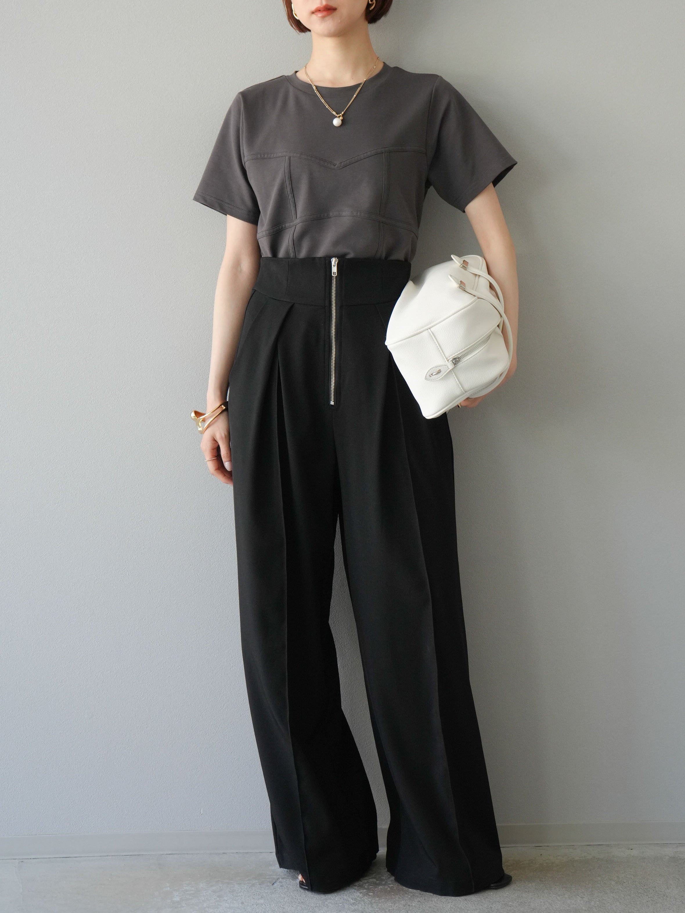 うむたページ SET]ビスチェデザインTシャツ+ジップタックワイドパンツ(2set