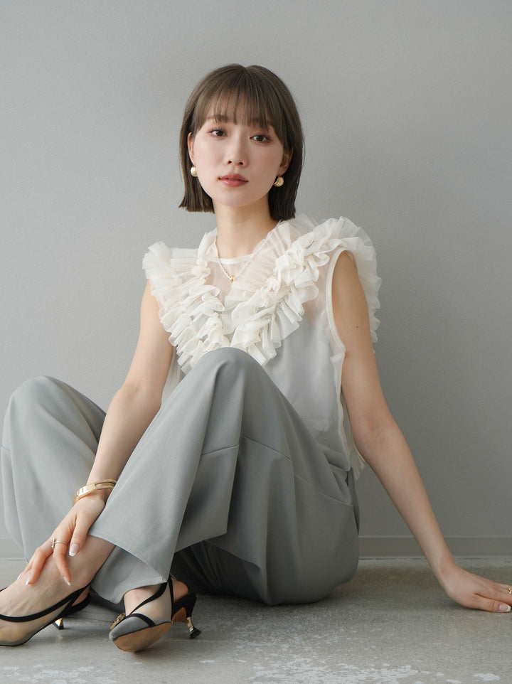 [預訂] 薄紗荷葉邊背心 x 連身套裝/灰色