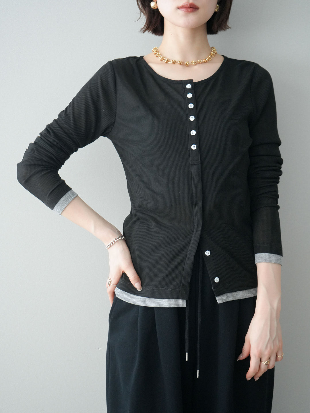 [予約]シアーリブバイカラーカーディガン/black