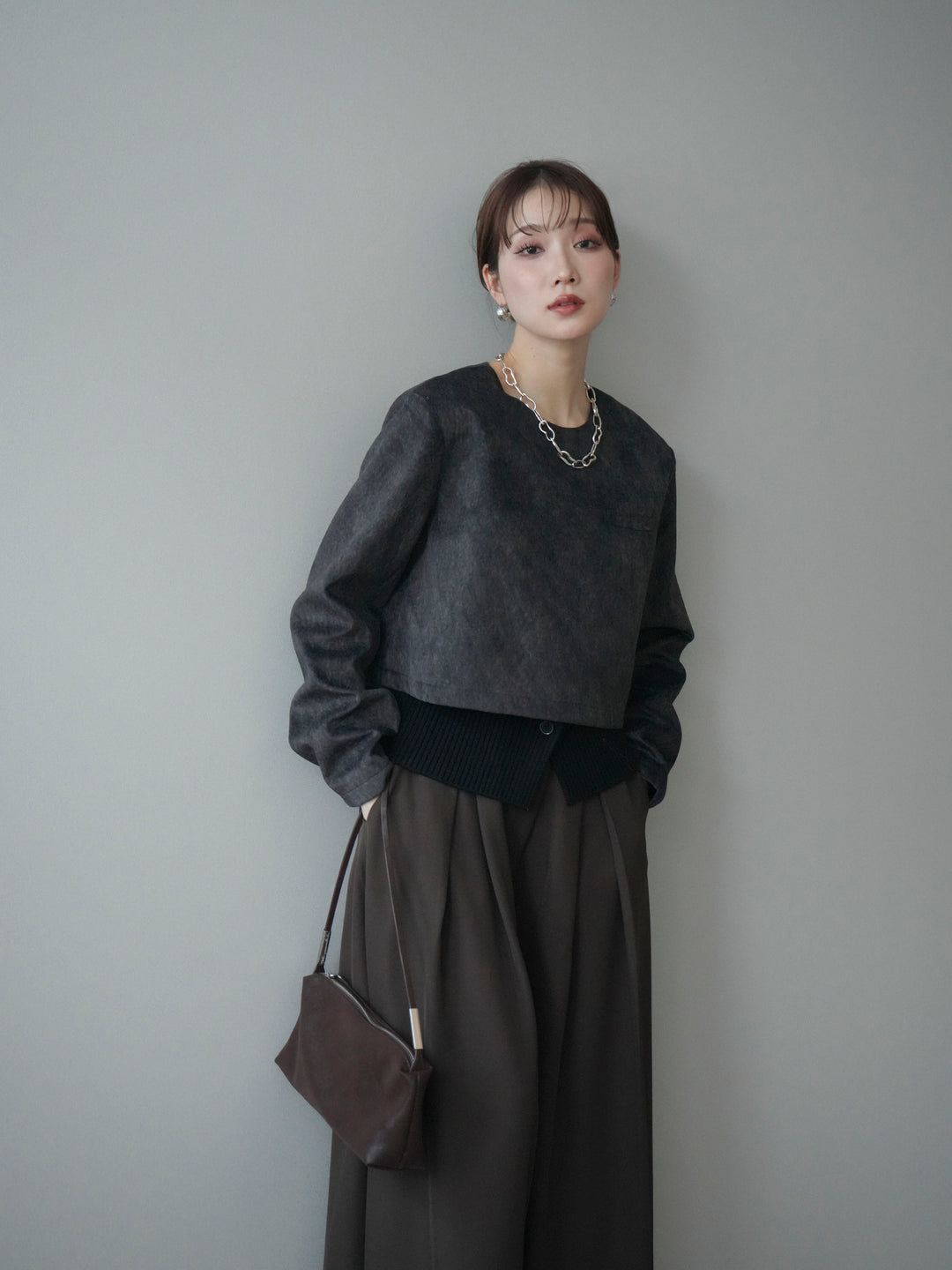 [予約]リブニットレイヤードスエードプルオーバー/charcoal
