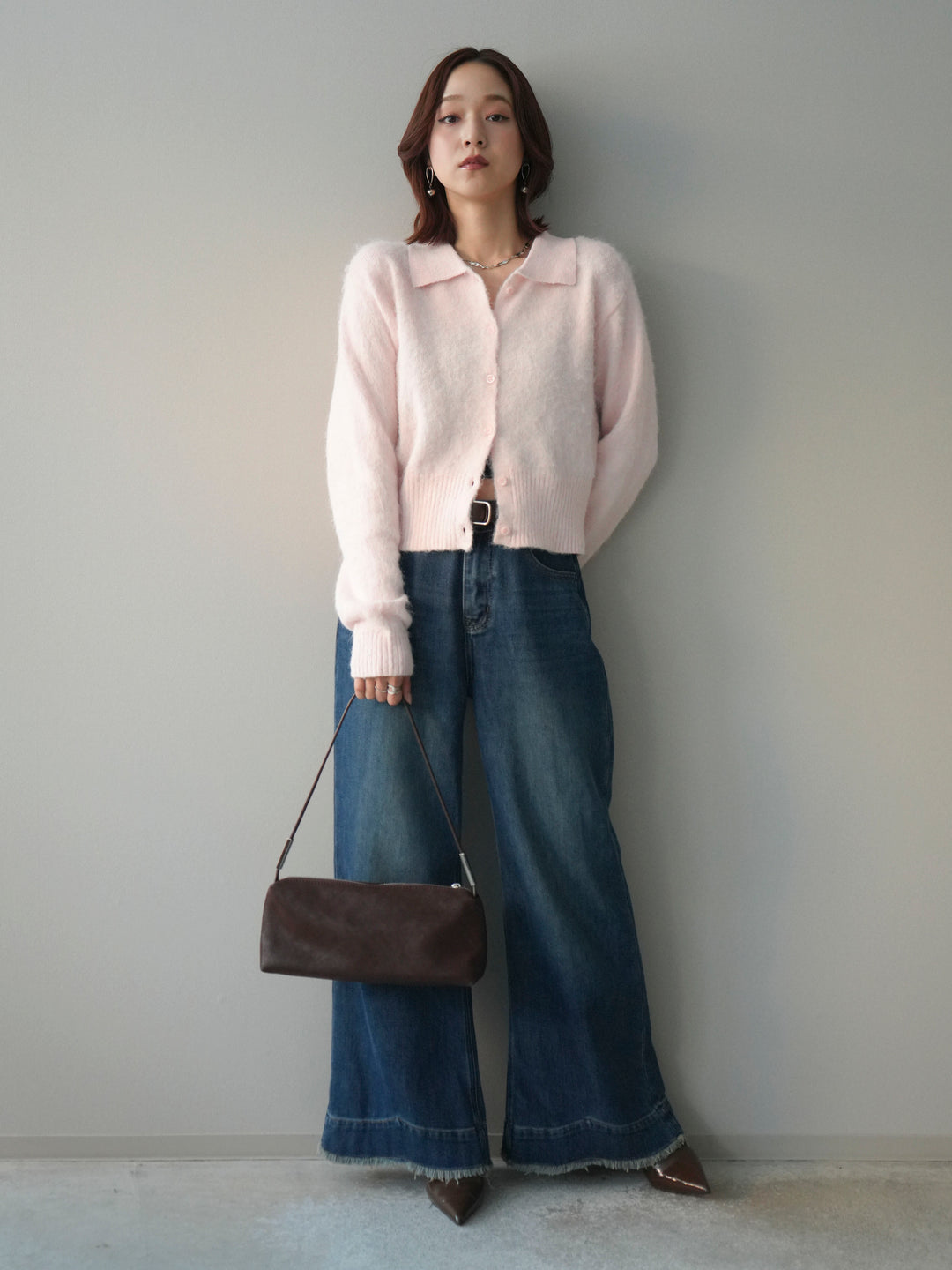 [SET]モヘア衿付きボタンプルオーバー+裏起毛裾フリンジワイドデニムパンツ(2set)