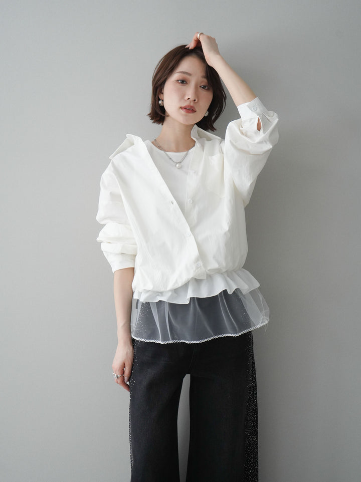 [予約]裾チュールノースリーブカットソー＆シャツドッキングトップス/white