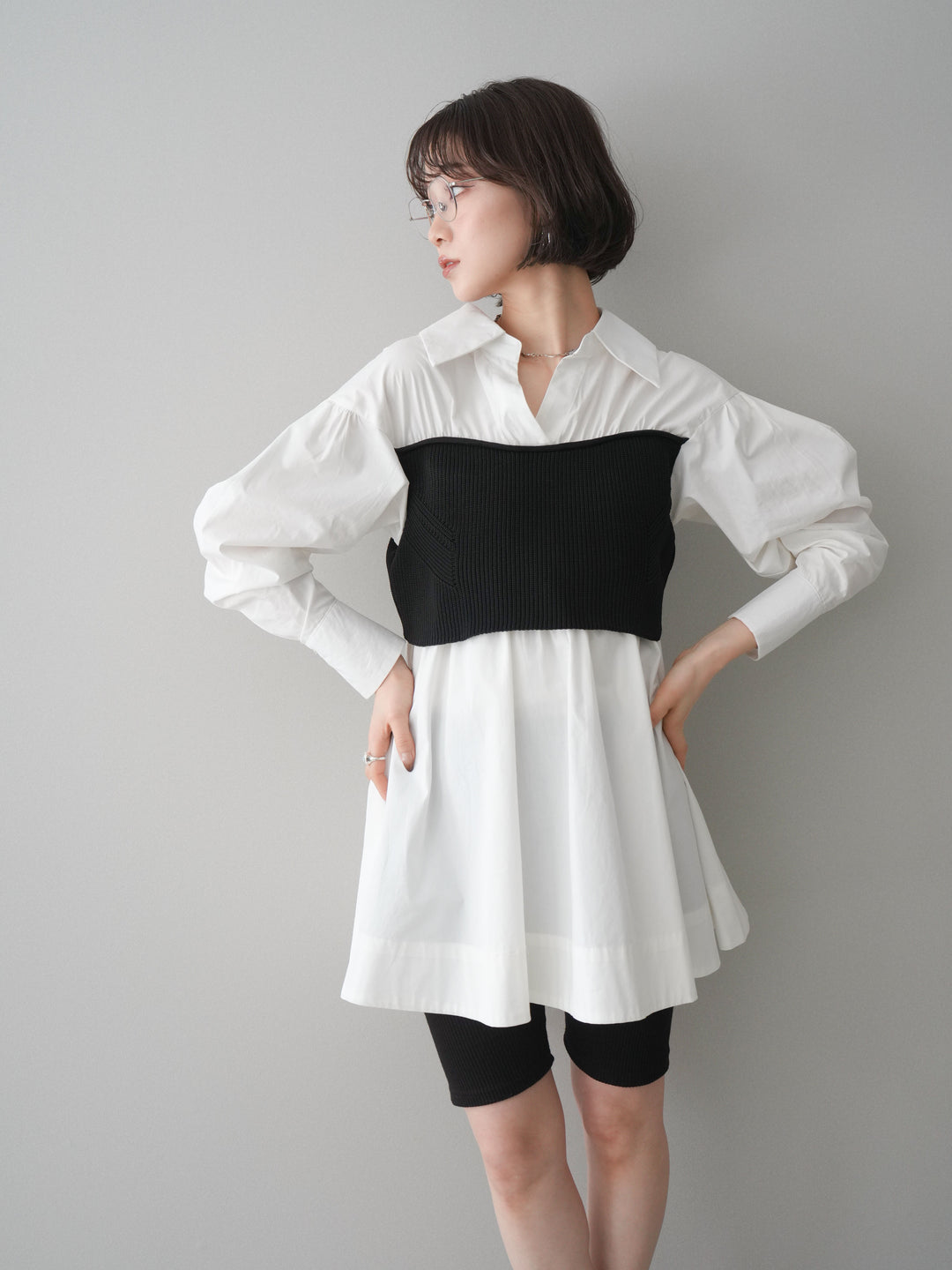 [予約]ニットビスチェドッキングフレアシャツチュニック/offwhite