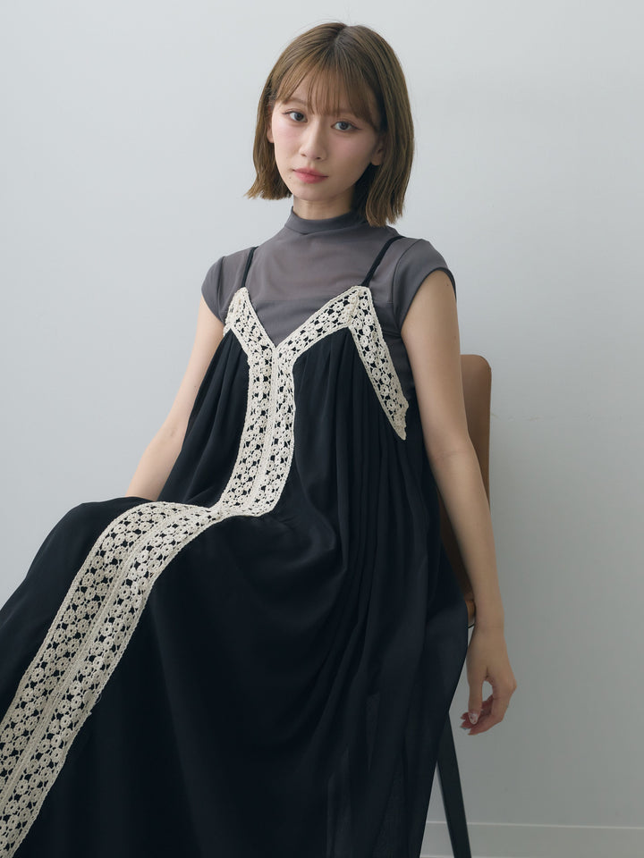 [SET]センタークロシェレースキャミワンピース+シアー切替ストレッチトップス(2set)