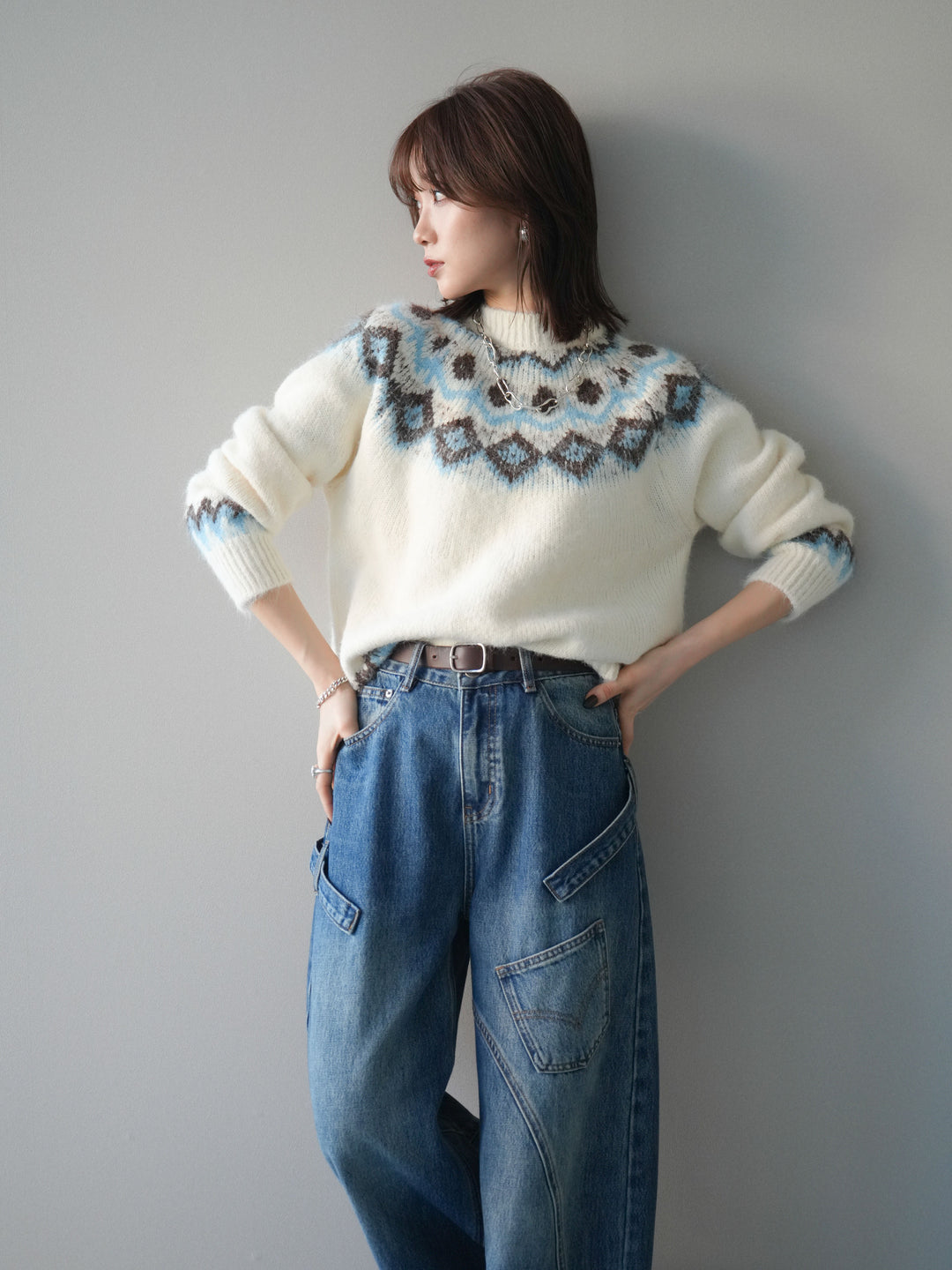 [SET]ソフトタッチ求心柄ニットプルオーバー+ペインターカーブデニムパンツ(2set)