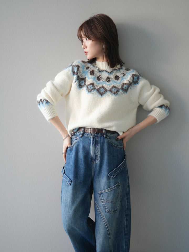 [SET]ソフトタッチ求心柄ニットプルオーバー+ペインターカーブデニムパンツ(2set)