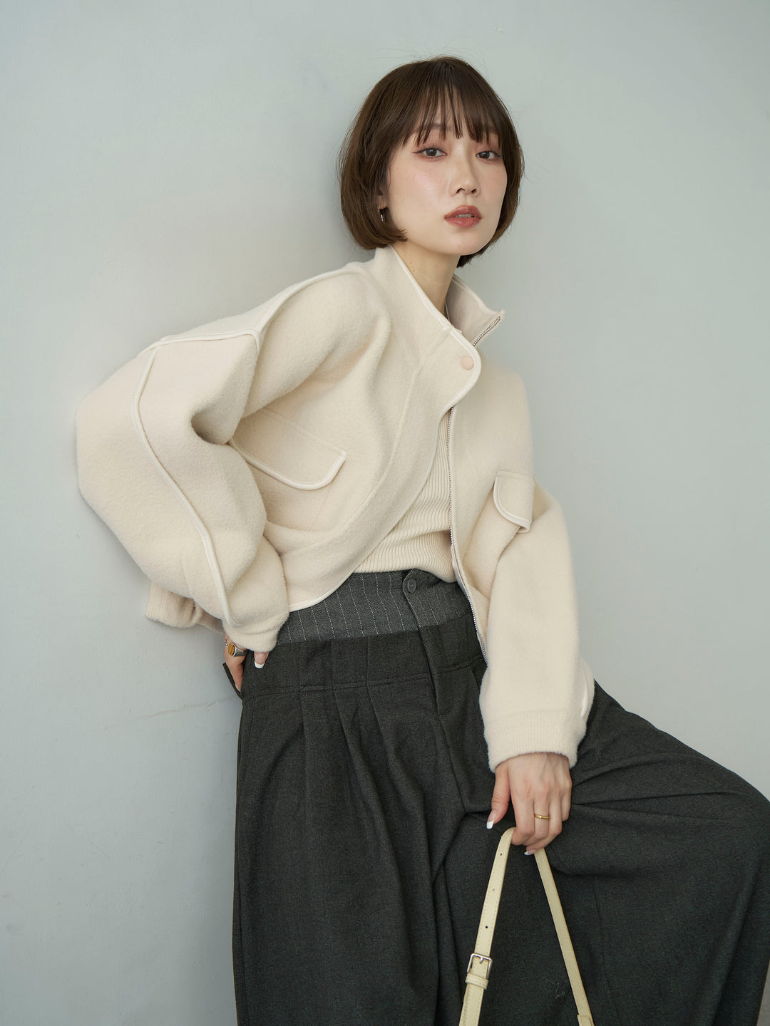 [SET]圧縮ニットショートブルゾン+ウエストデザインドロストワイドパンツ(2set)