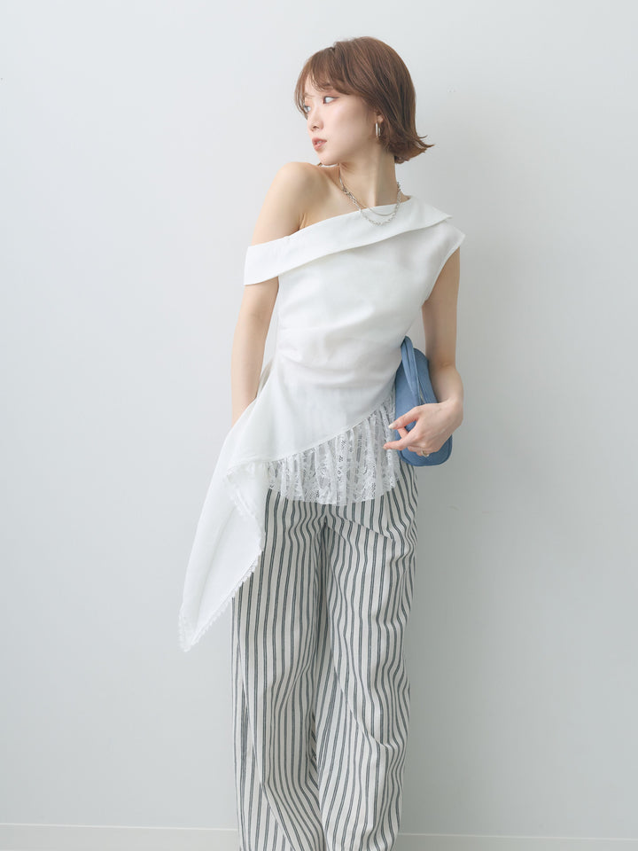 [SET]アシンメトリーラッフルレースヘムトップス+選べるアクセセット(2set)