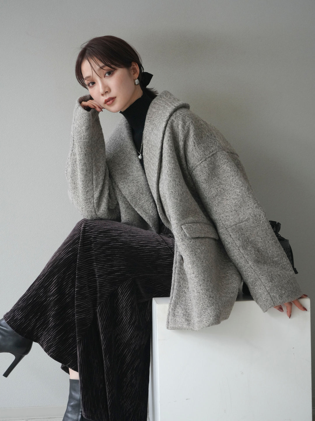 [予約]ロービング襟付きミドルコクーンコート/brown