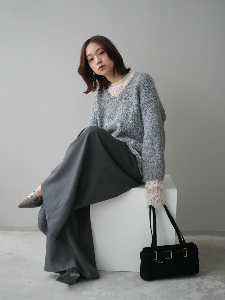 [SET]Vネックミックスヤーンニットプルオーバー+テープベルトタックバギーパンツ(2set)