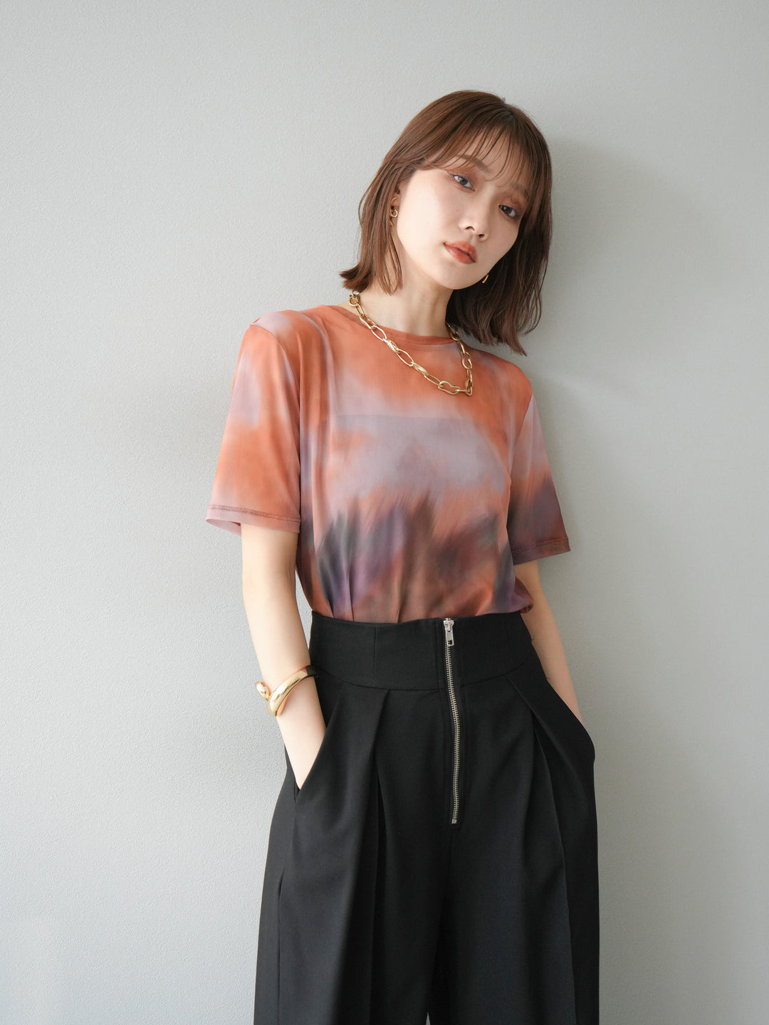 [予約]タイダイ柄シアーハーフトップス/オレンジ