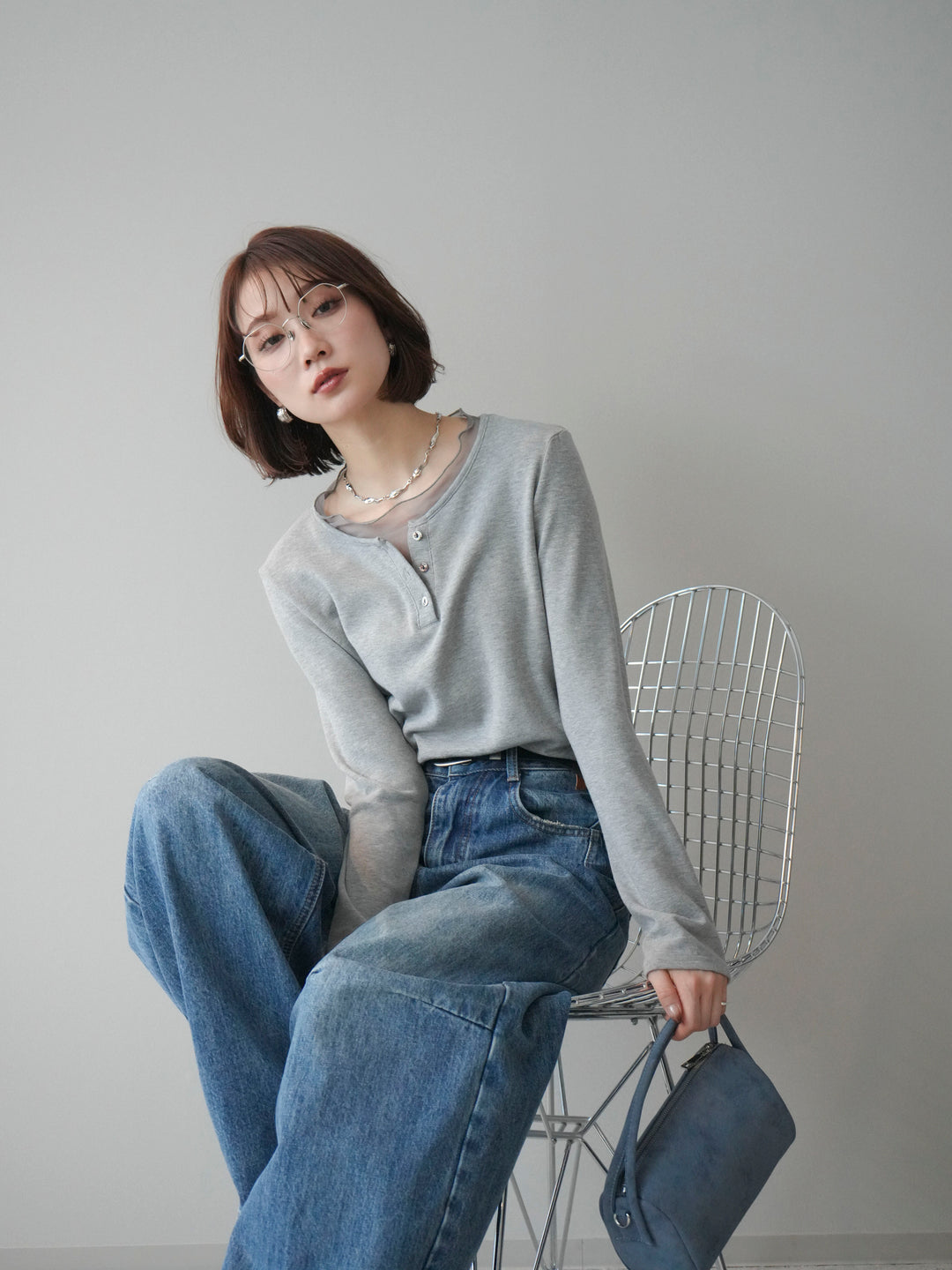 [予約]チュールレイヤードヘンリーネックカットソー/gray