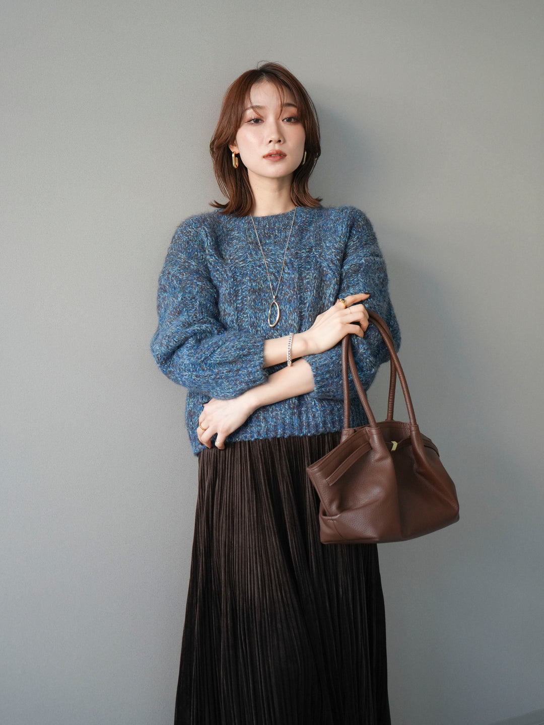 [予約]ワイドケーブルミックスニットプルオーバー/blue