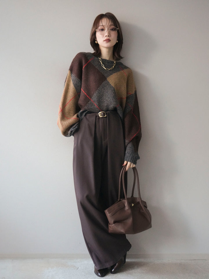 [SET]配色ステッチアーガイル柄ニットプルオーバー+ベルトループデザインワイドパンツ(2set)
