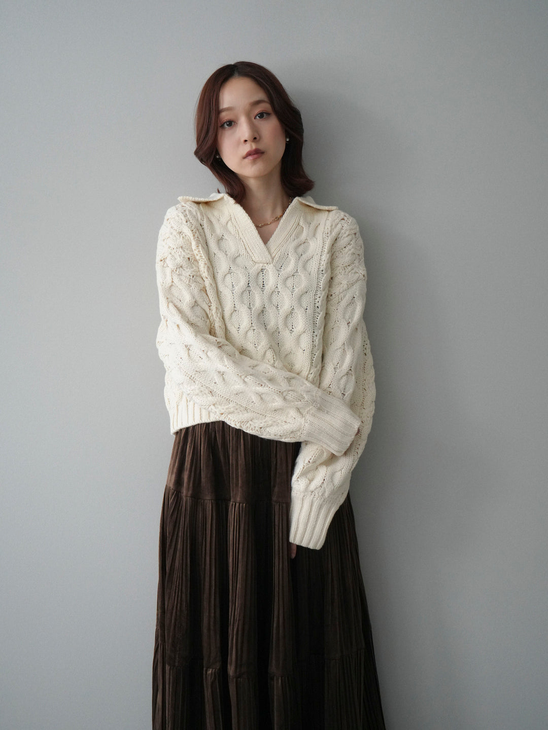 [SET]バルキーケーブルクロップド開襟プルオーバー+ベロアティアードワッシャースカート(2set)