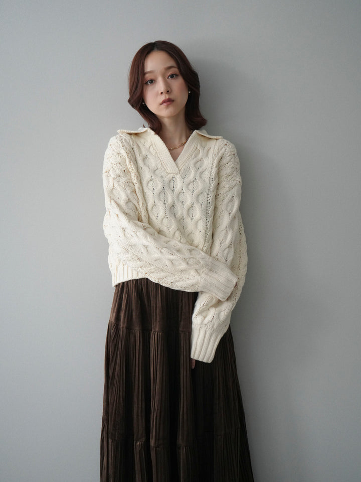 [SET]バルキーケーブルクロップド開襟プルオーバー+ベロアティアードワッシャースカート(2set)