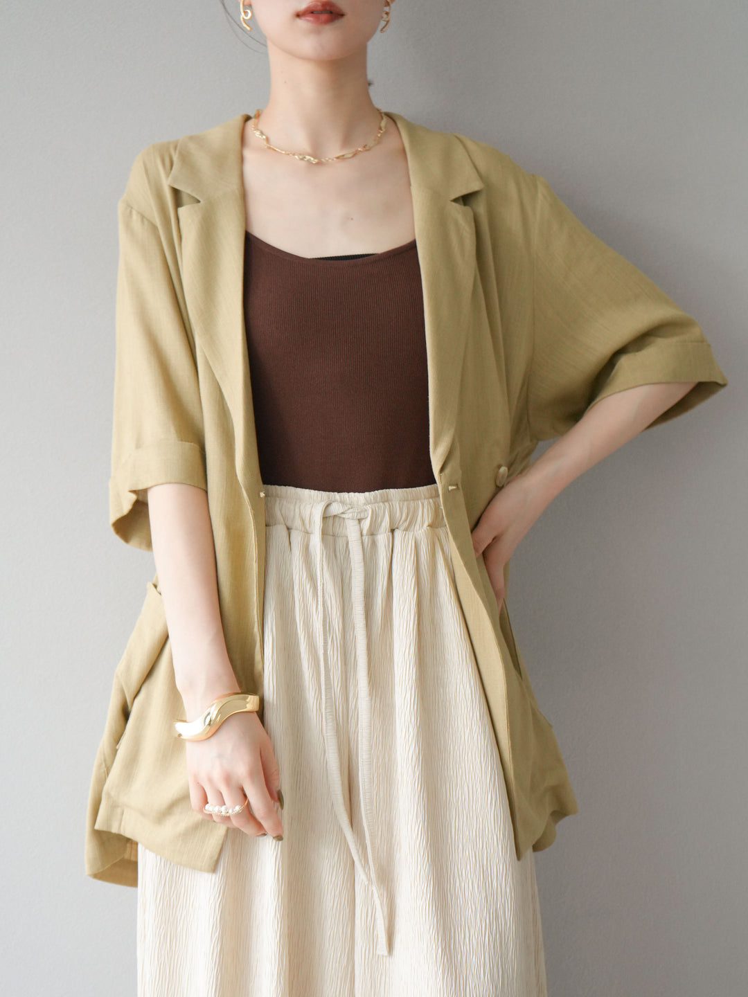 [予約]ライトリネンハーフスリーブジャケット/ベージュ