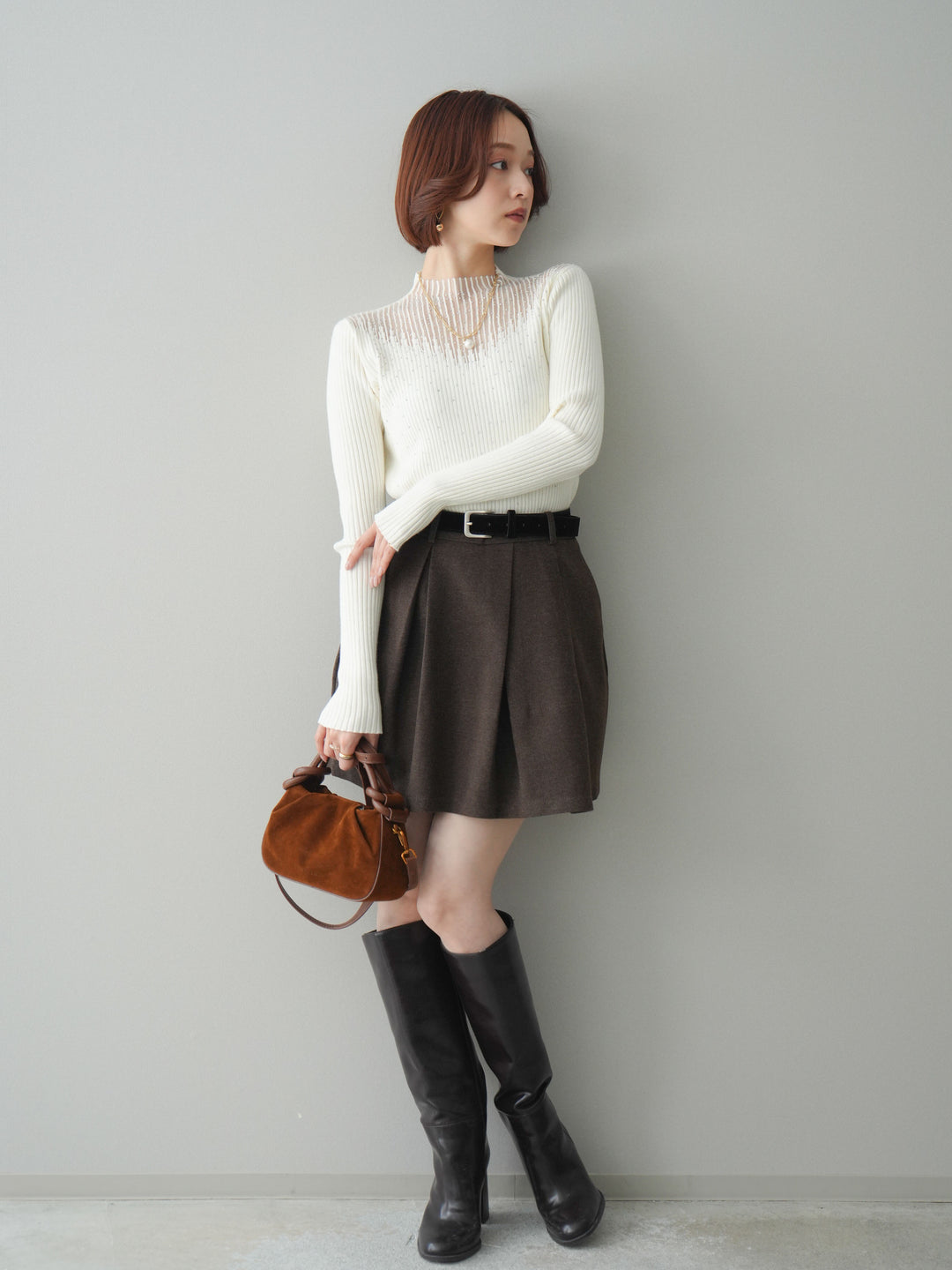 [SET]シアー切替スパンコールリブニットトップス+ベルト付きタックミニスカート(2set)