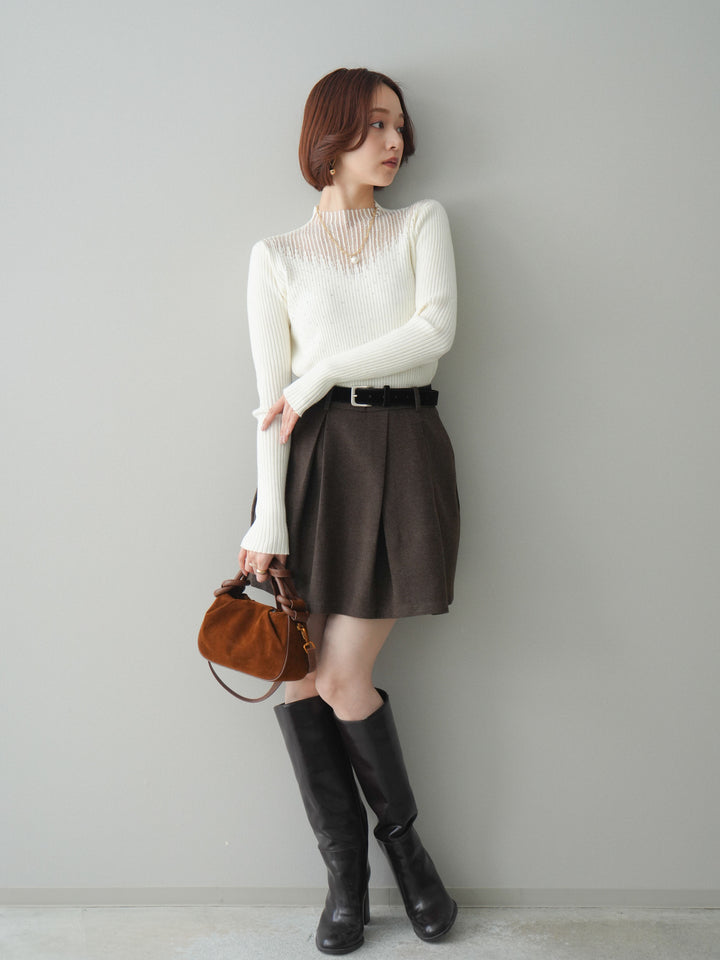 [SET]シアー切替スパンコールリブニットトップス+ベルト付きタックミニスカート(2set)