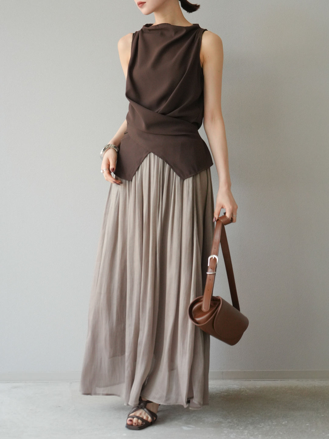 [SET]ノースリーブトップス＆シャイニーフレアスカートSET UP/(2set)