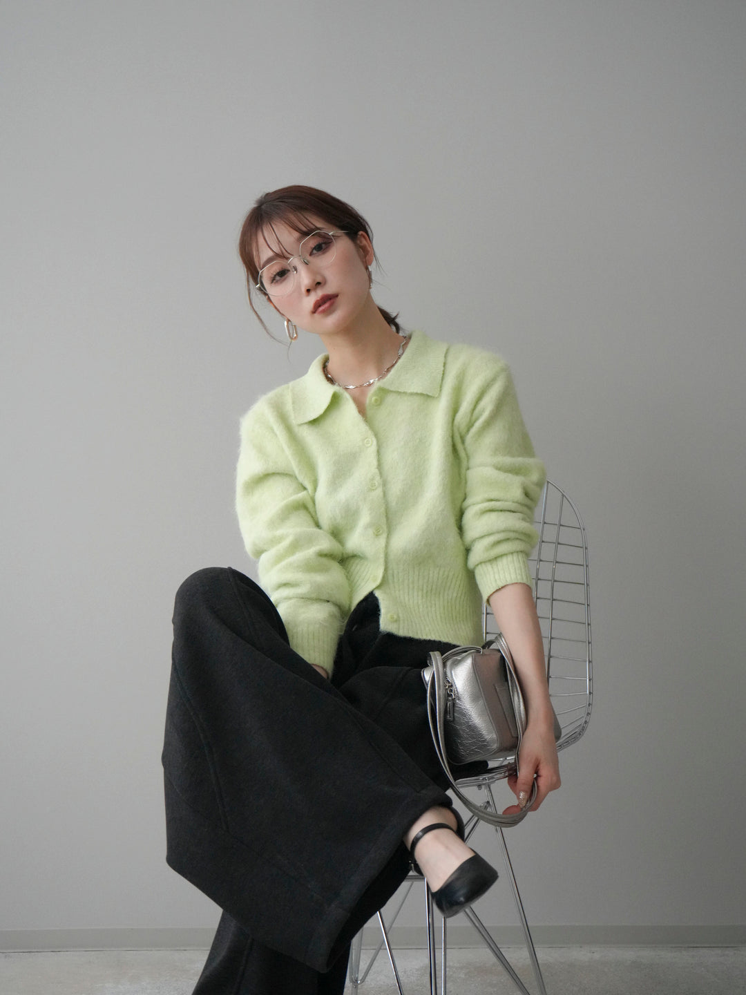 [予約]モヘア衿付きボタンプルオーバー/lime