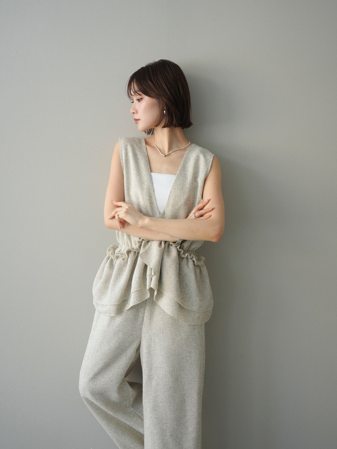 [SET]3WAYミックスツイードギャザーオールインワン+選べるアクセセット(2set)