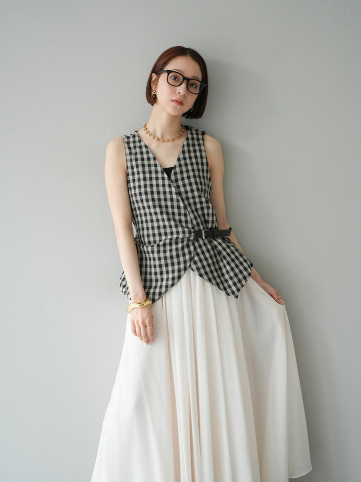 [SET]ベルトデザインバルーンブラウス+シフォンフレアスカート(2set)