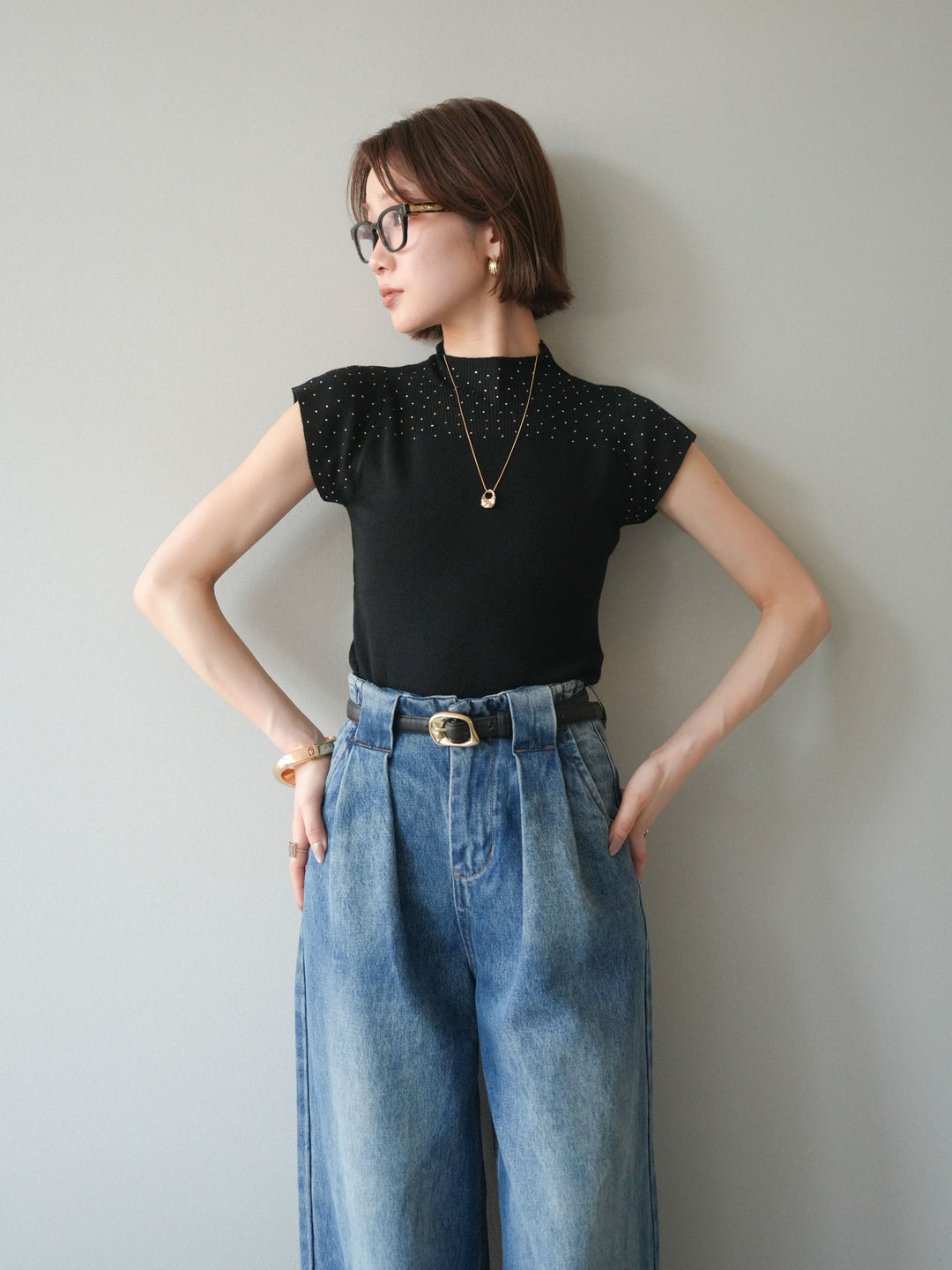 [SET]ビジューシアーフレンチニット+選べるアクセセット(2set)