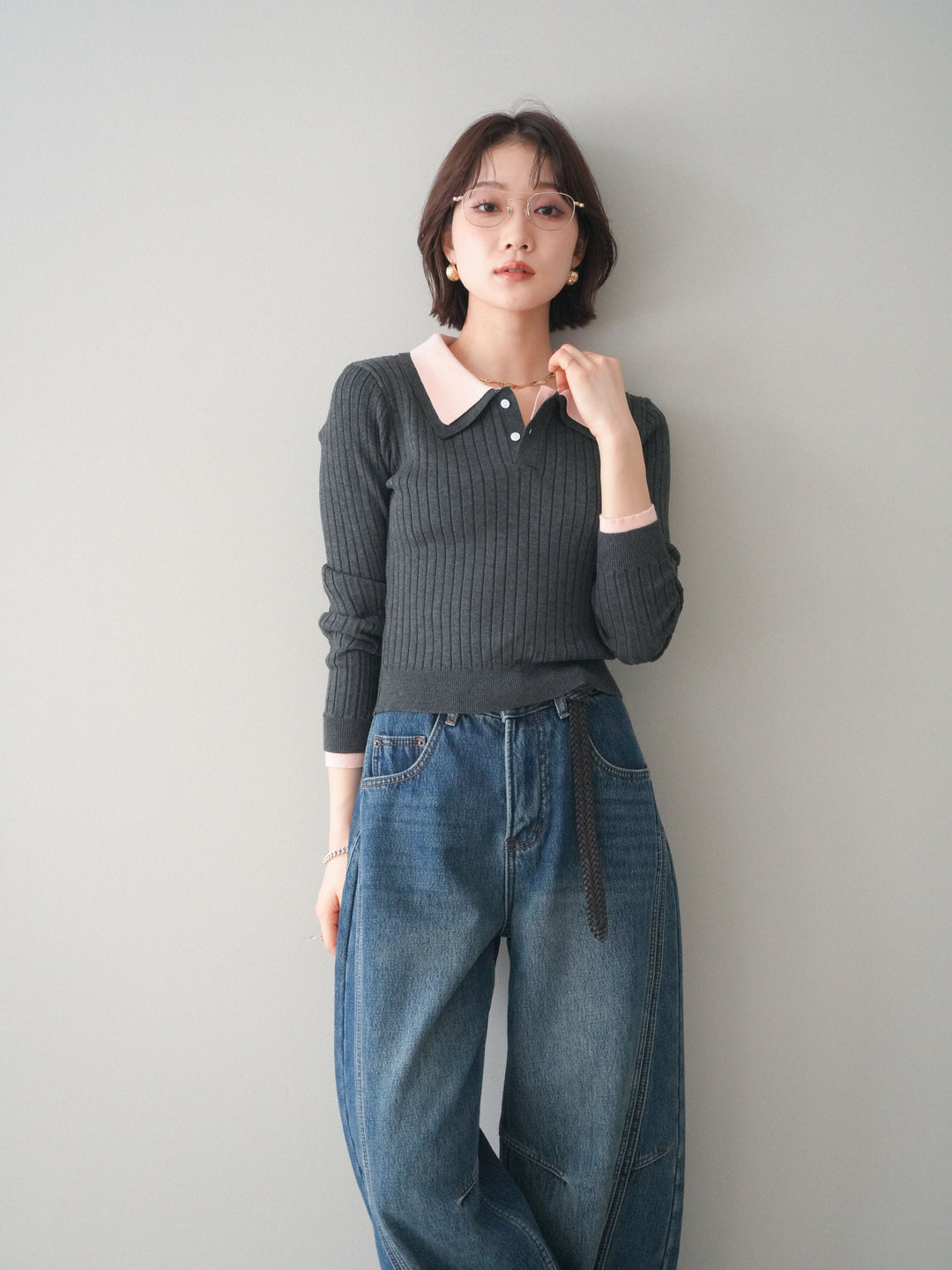 [SET]ダブル襟ポロリブニットトップス+選べるアクセセット(2set)