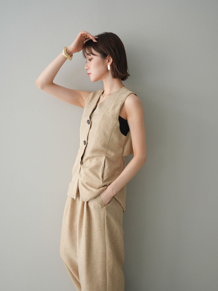 [SET]リネンライクバックオープンジレ+リネンライクタックワイドパンツ(2set)