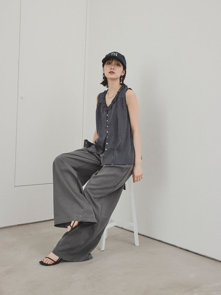 【預購】條紋荷葉邊襯衫/黑色