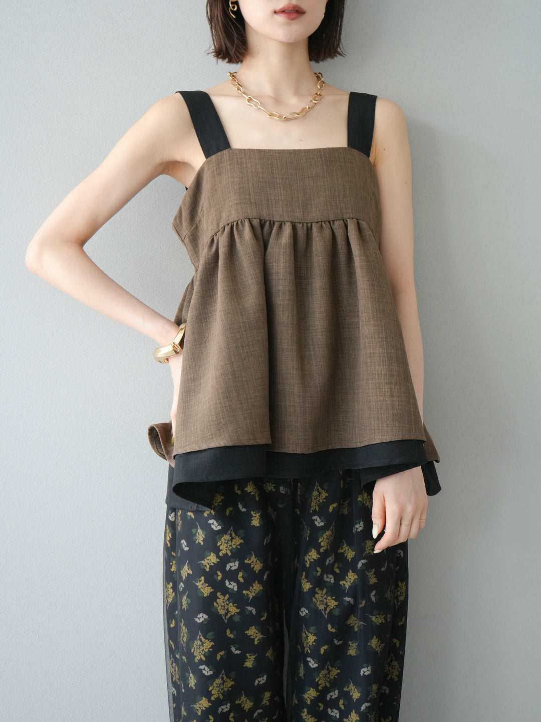 [SET]リネンライク配色フレアタンクトップ+ブーケプリントタックパンツ(2set)