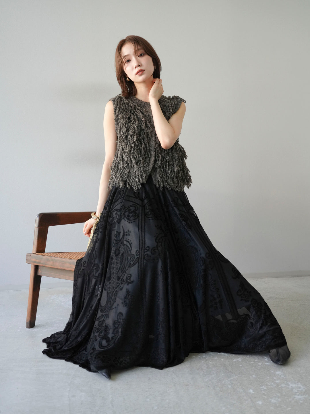 [SET]フリンジループニットベスト+アンティーク柄フロッキーマキシスカート(2set)