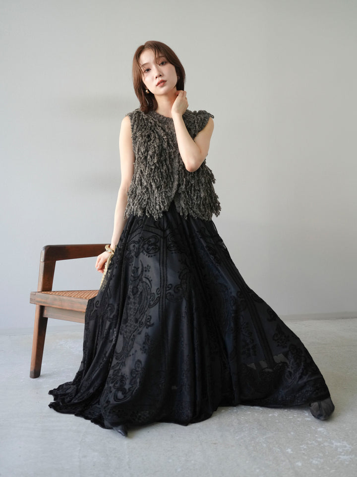 [SET]フリンジループニットベスト+アンティーク柄フロッキーマキシスカート(2set)