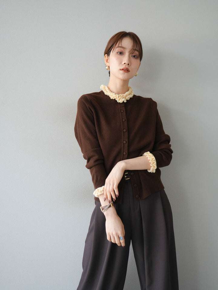 [予約]フリルデザインコンパクトニットカーディガン/ブラウン
