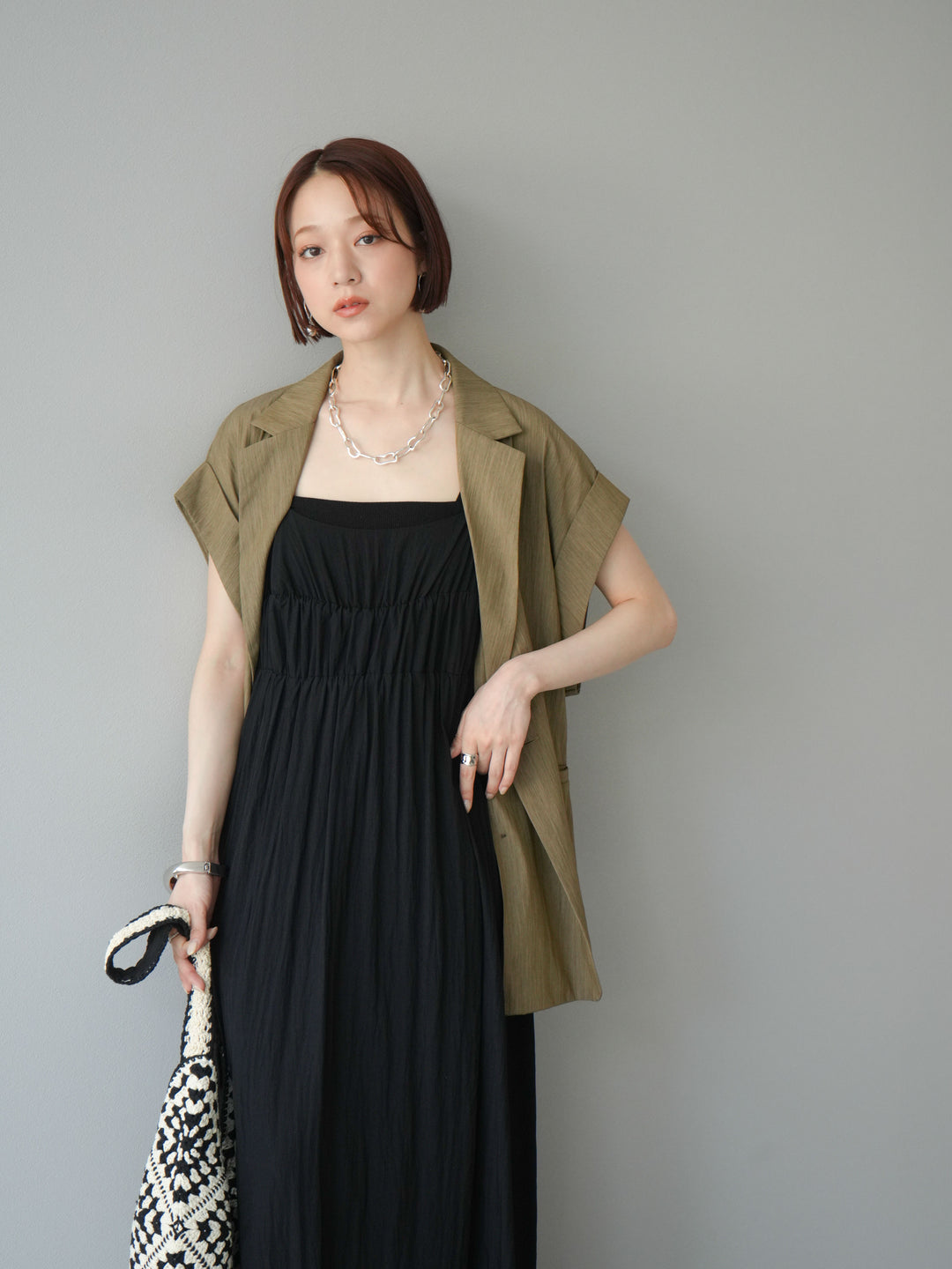 [SET]レーヨンシャーリングキャミワンピース+リネンライクノースリーブダブルジレ(2set)