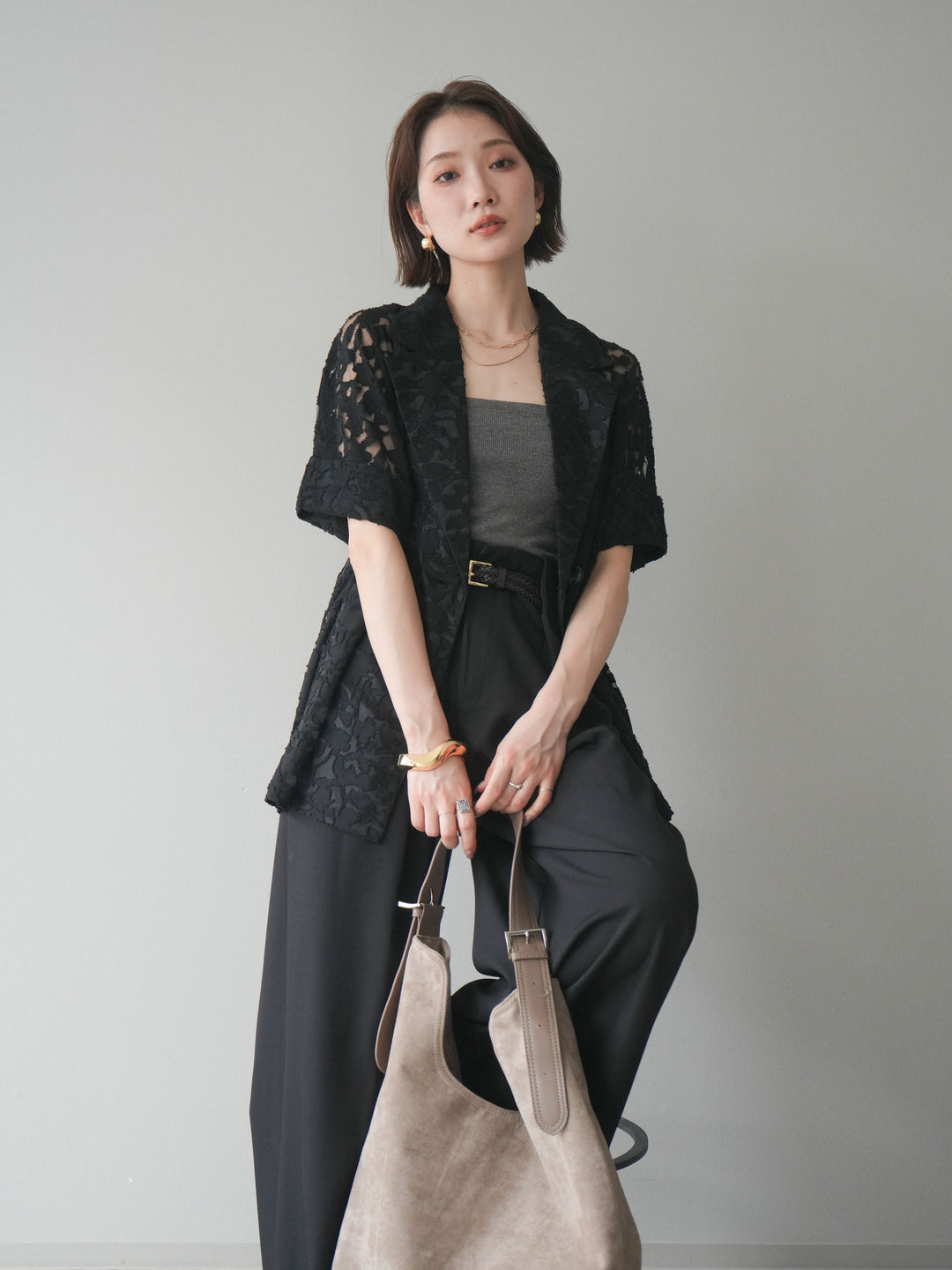 【套裝】花朵蕾絲短袖外套+垂褶收腰帶環長褲（兩件套）