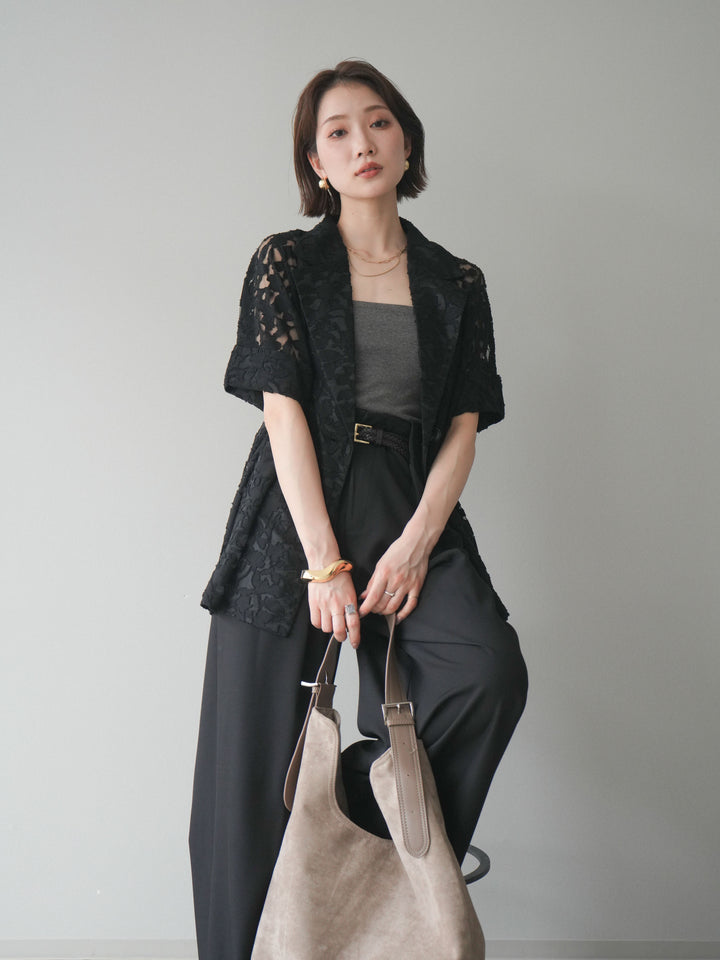 【套裝】花朵蕾絲短袖外套+垂褶收腰帶環長褲（兩件套）