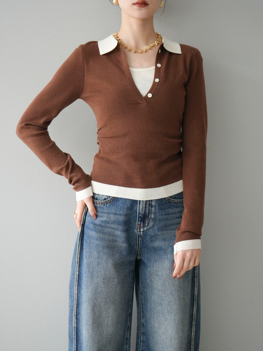 [予約]レイヤード配色ポロニットトップス/brown