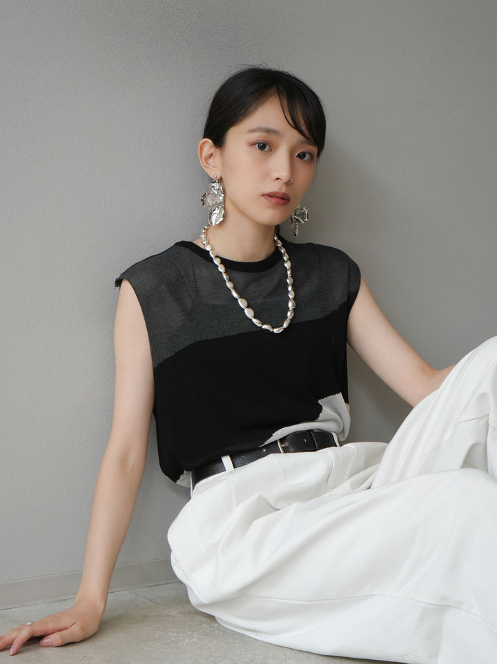 [Pre-order] Bicolor sheer knit sleeveless top/black