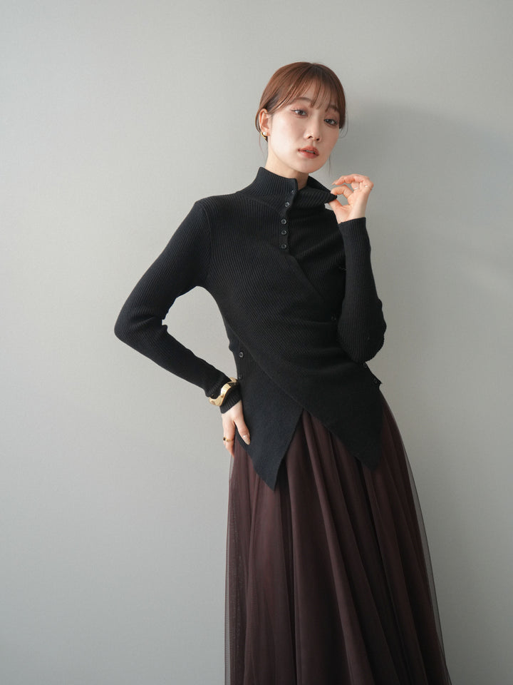 [予約]クロスデザインボトルネックリブニットトップス/black