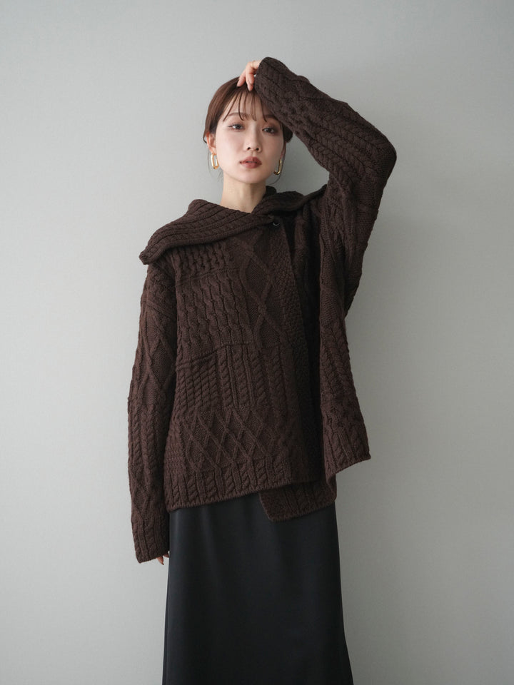 [予約]ケーブル編みデザインニットカーディガン/brown