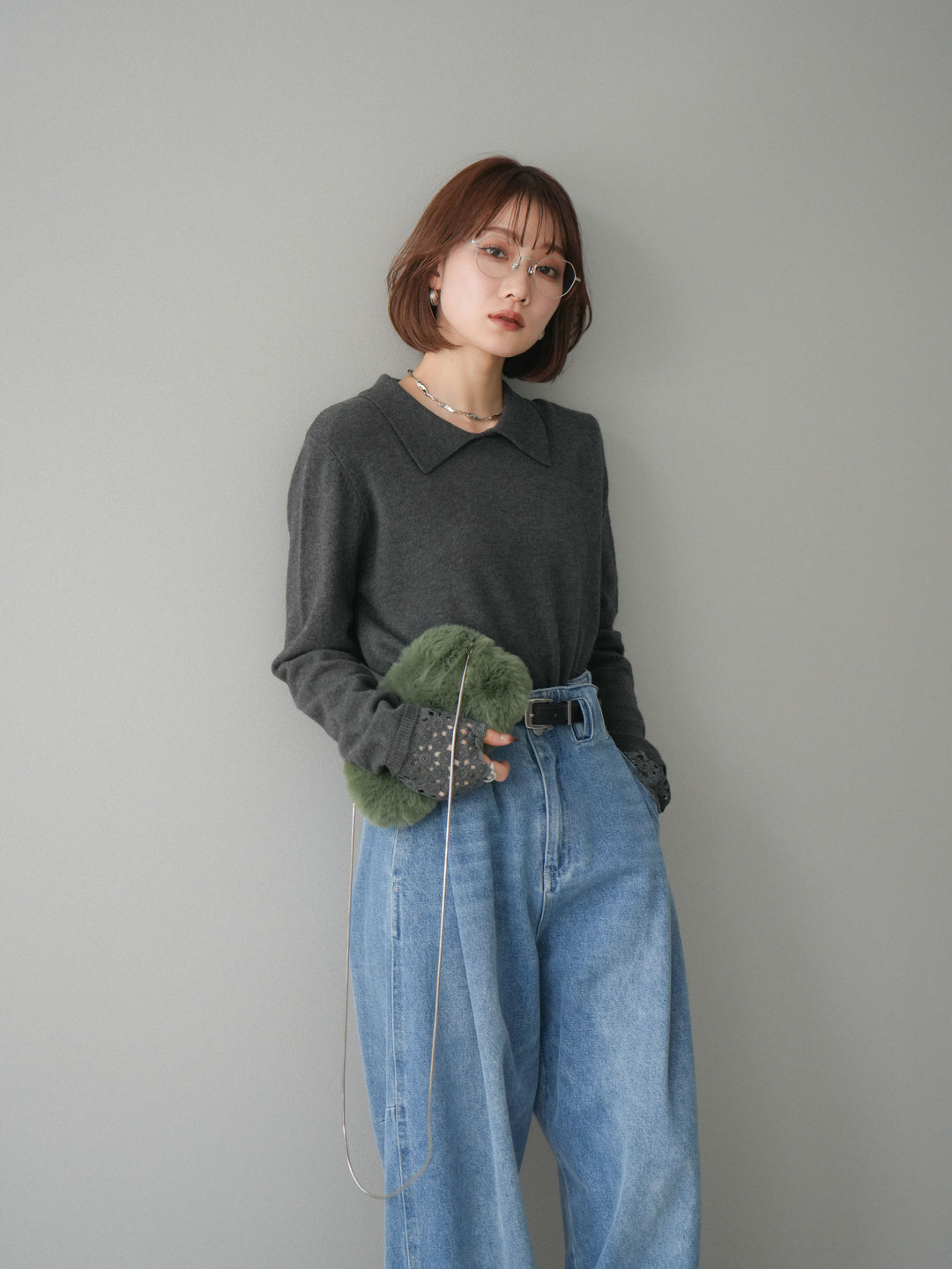 [SET]スカラップレース袖襟付きニットトップス+選べるアクセセット(2set)